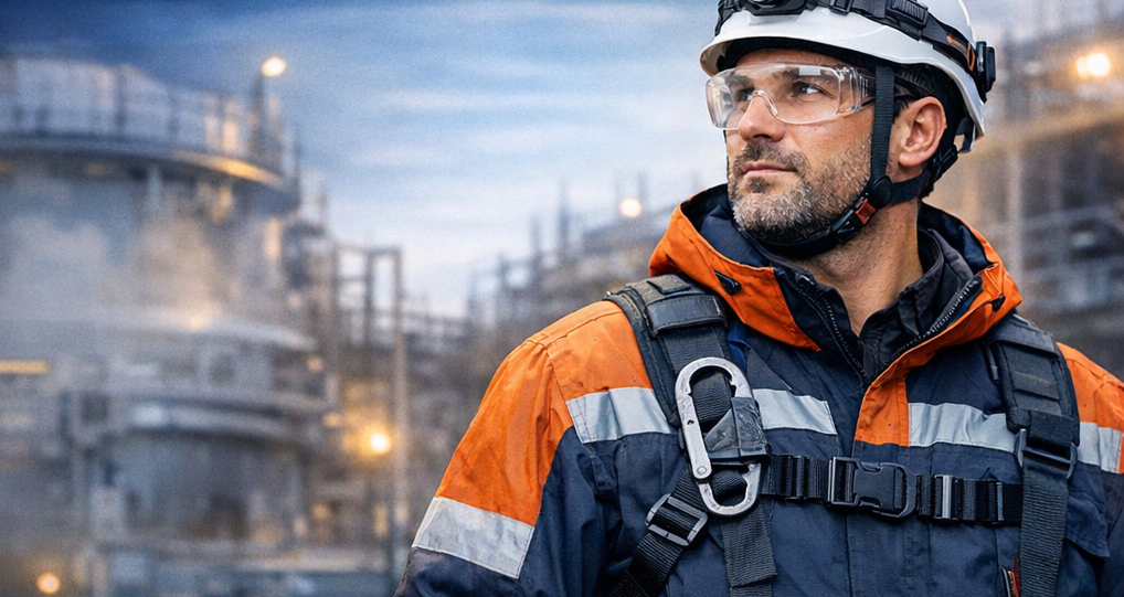 Trabalhador com capacete e equipamentos de segurança